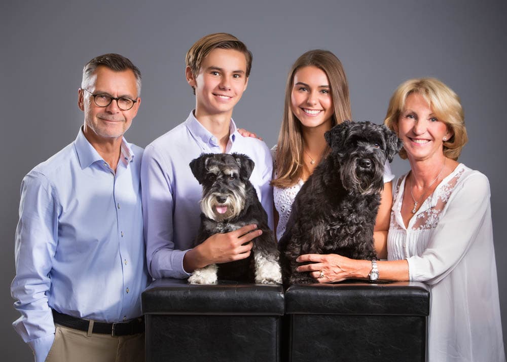 Familjefotografering med två vuxna barn och två hundar